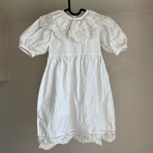 Vintage Paper White Dress Linen Cotton Lace Embroidery Cottagecore Kids Girls